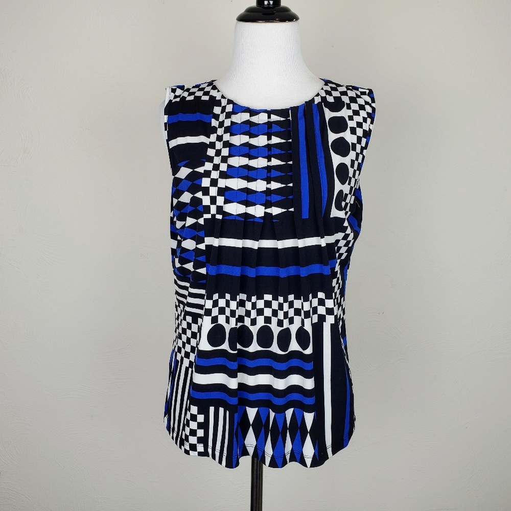 Calvin Klein Top Geometric Print Pleated Career Office Work Blue White Black